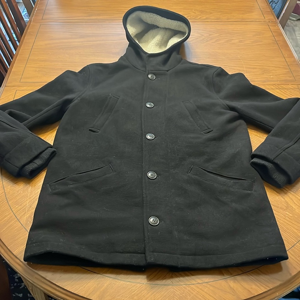 Topman Black Wool Blend Long Coat w/ Sherpa Lind Hood Large 40-42 EUC